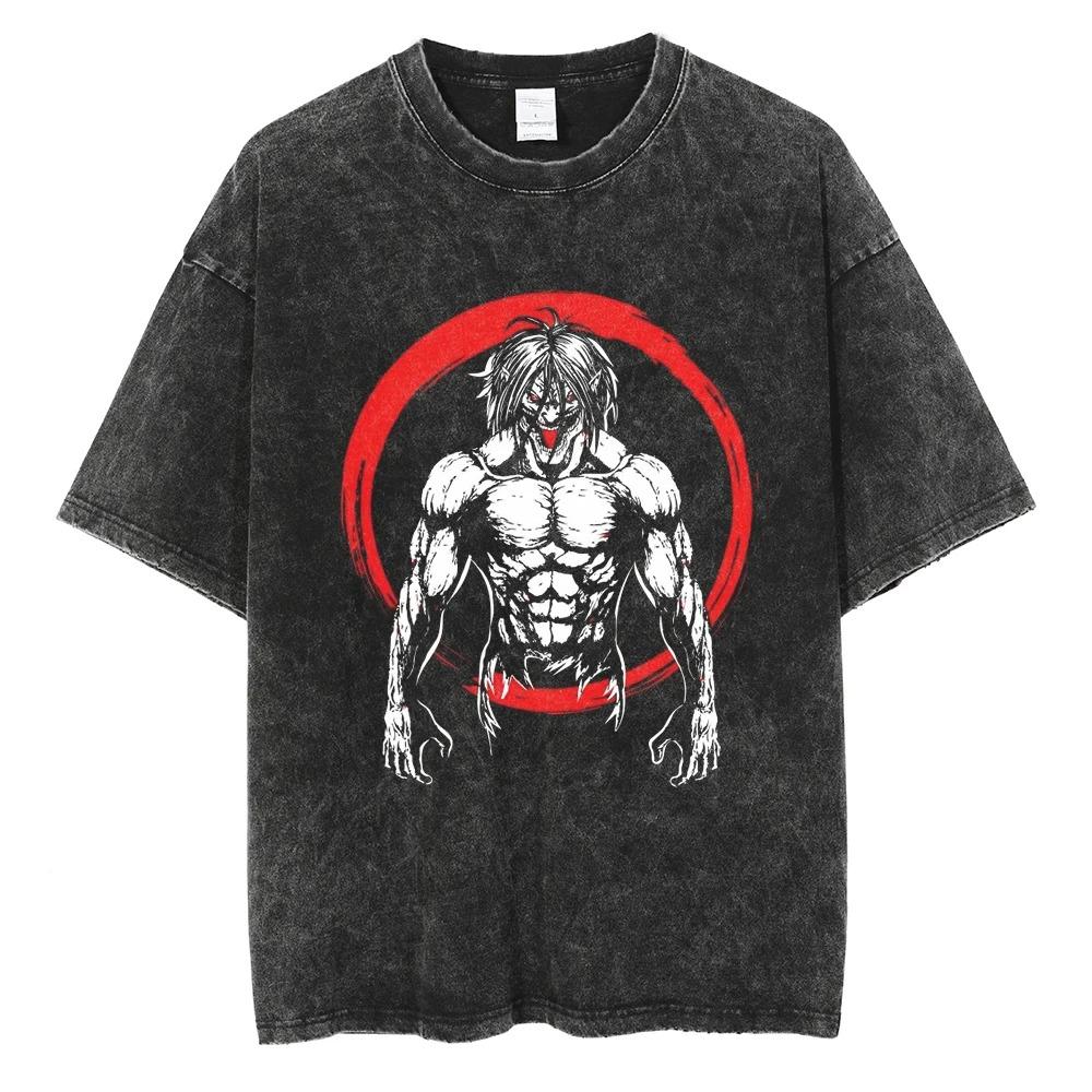 Oversized AcidWash Vintage ShortSleeve TShirt Featuring Attack On Titan Levi Ackerman Retro Graphic Print
