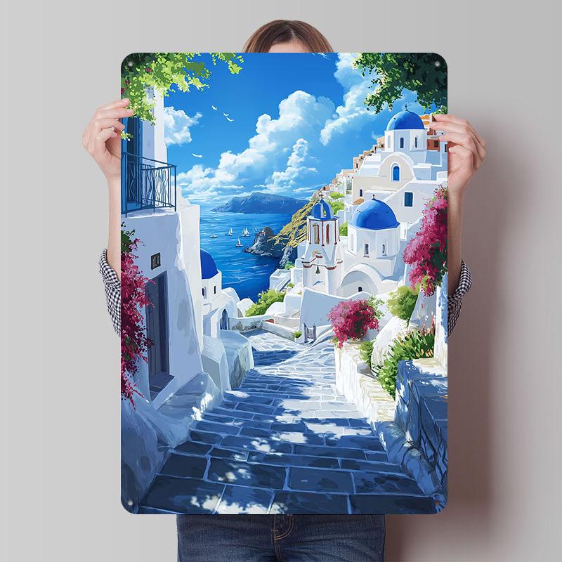 Greek Island Village Tinplate Posters Customizable Wall Art Retro Vintage Metal Signs for Home Room Custom Plate Bar Accessories