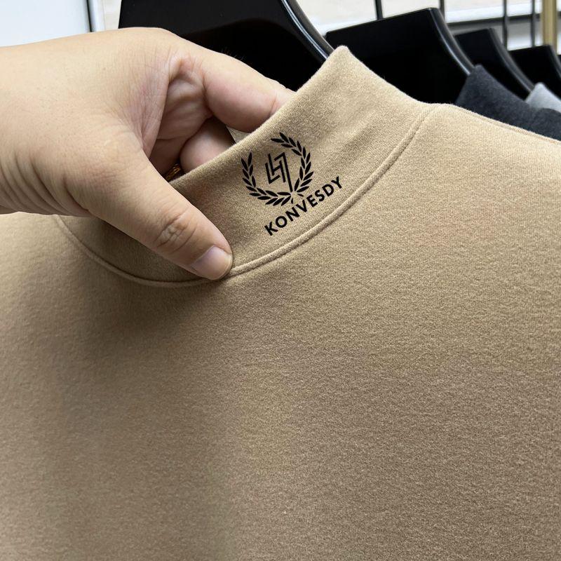 Autumn Winter Half Collar Solid Color Bottoming Tees Men Long Sleeve Add Velvet Casual Fashion T-shirt Male Pullover Top Homme