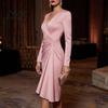 Bodycon Party Dress Solid Color Gown Dress, Slim Fit Hip-Hugging Pleated Long Sophisticated Outfit Sleeve V-Neck Midi for Cocktail Commuting