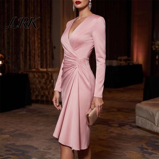 Bodycon Party Dress Solid Color Gown Dress, Slim Fit Hip-Hugging Pleated Long Sophisticated Outfit Sleeve V-Neck Midi for Cocktail Commuting