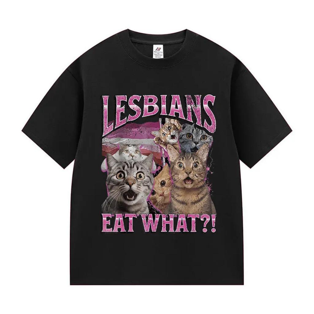 Vintage Lesbians Eat What Funny Cat Meme T Shirts unisex unisex Aesthetic Fashion Short Sleeve T-shirt Summer Oversized Cotton Tees