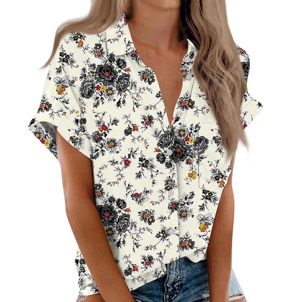 Женская рубашка с короткими рукавами, повседневный модный топ на пуговицах с принтом, кардиган с нагрудным карманом