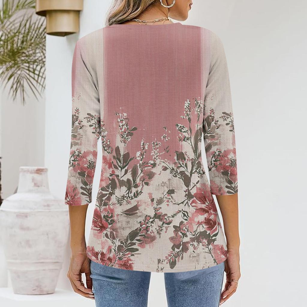 Женская футболка Футболка с принтом Рукав 3/4 Повседневные Выходные Мода Классический V-образный вырез Обычный Топ