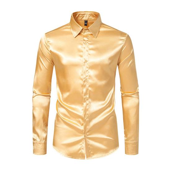Men Dress Shirt Glossy Surface Satin Solid Color Turn-down Collar Button-down Mid Length Formal Busines Shirt Party Club Shirt