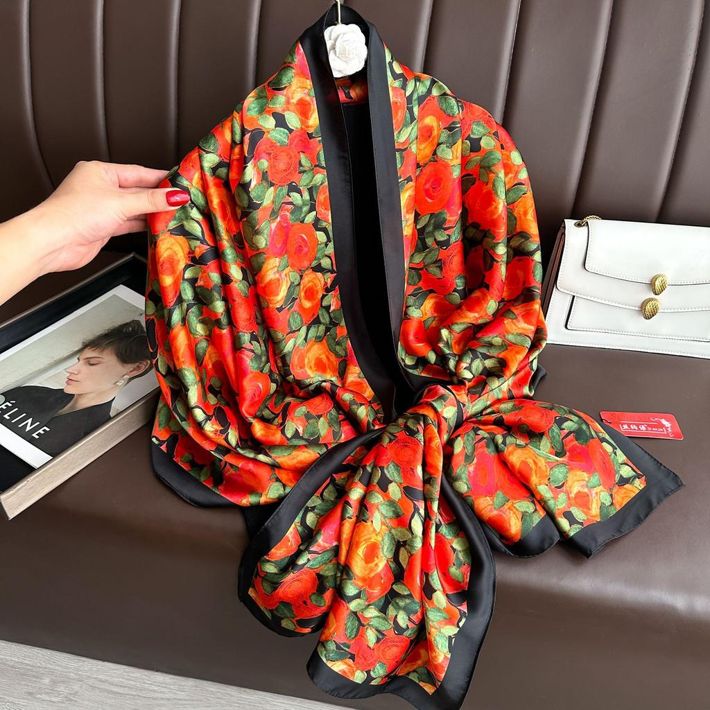 Long Silk Scarf Spring and Summer Thin Style Printed Scarf Beautiful Brocade Lotus Shawl Imitation Silk Scarf Gauze Scarf