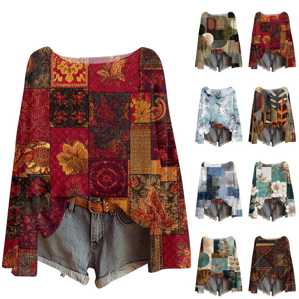 Women's Lightweight Sweater Casual Long Sleeve Knitted Vintage Floral Print Pullover