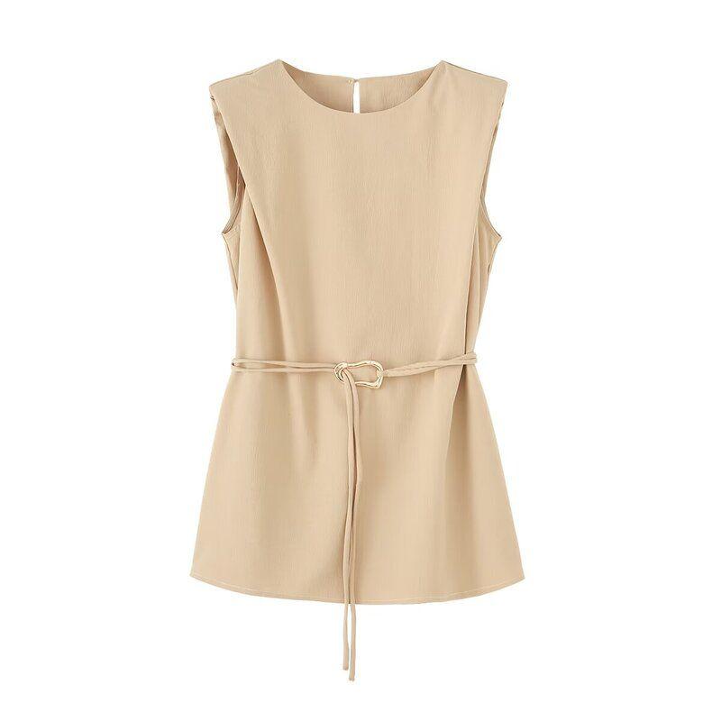 Fashion Style 2024 Autumn New Women's Clothing with Belt Round Neck Sleeveless Waist-Controlled Top Pants 3897069