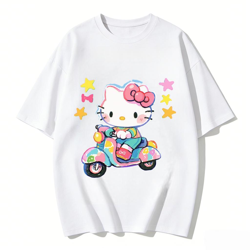 2026 Summer Hot Sale New Arrival Kawaii Kitty Scooter Print Couple T Shirt Casual Loose Family Matching Outfits Parentchild Tee