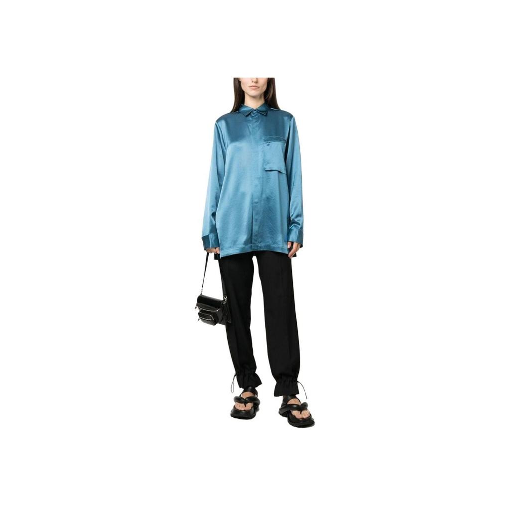 Y-3 SS23 Solid Satin Zip Pocket Long Sleeve Shirt Women Shirts Blue IA1445