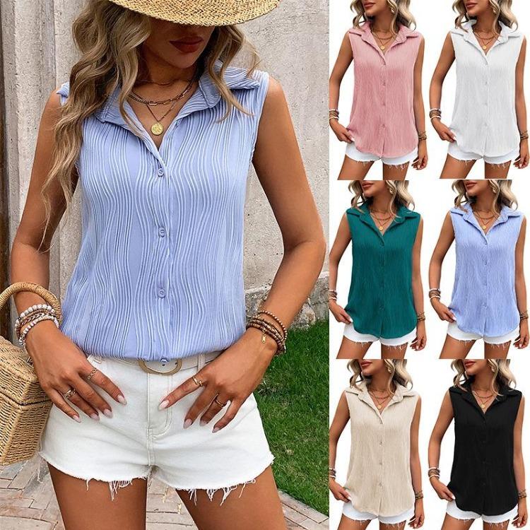 Summer Women Solid Color Lapel Sleeveless Button Blouse Shirt Top