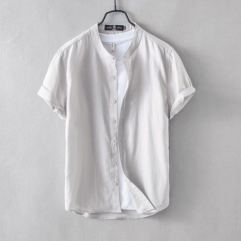 Мужская льняная рубашка с воротником-стойкой в китайском стиле — короткий рукав, свободный крой, летний повседневный тренд