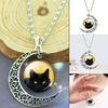 Women's Hollow Crescent Black Cat Glass Pendant Link Chain Necklace Jewelry