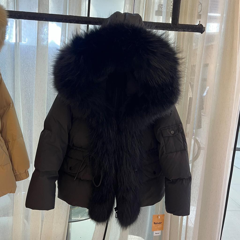 European Station winter new raccoon big fur collar hooded down jacket women's short thickened warm waist jacket