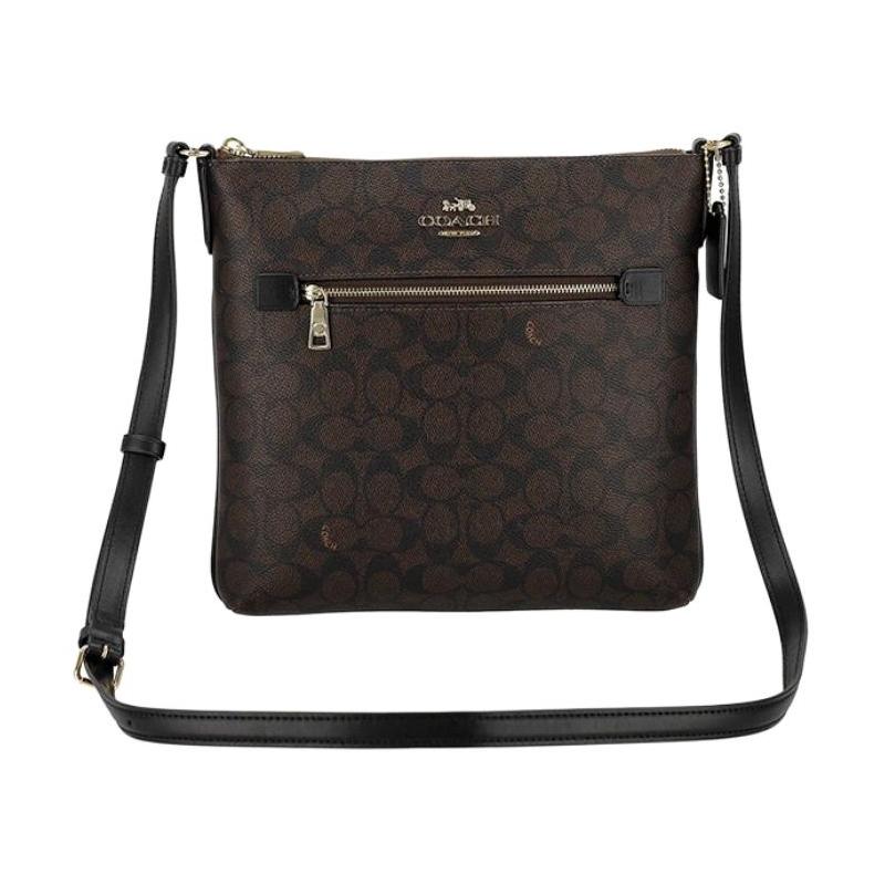 COACH 24 Classic Printed Pattern Zipper Closure PVC Crossbody Bag Medium Women's Dark Brown and Black