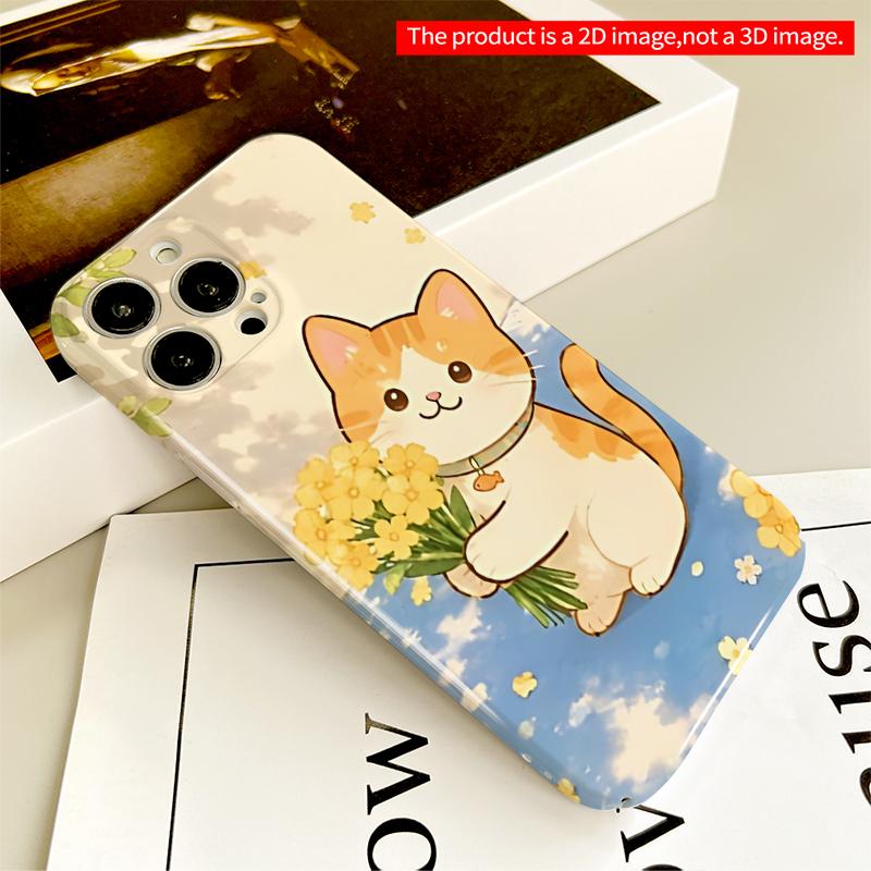 2DFlat Cute Orange Cat Holding Yellow Flowers Phone Case All inclusive film hard iPhone case, compatible with iPhone 18 Pro Max 17 16 15 14 13 12 11