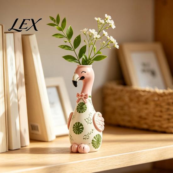 Creative Birthday Gift for Women Cute Resin Flamingo Decorative Vase, Pink Flower Holder Figurine, Artistic Floral Container Tabletop Ornament
