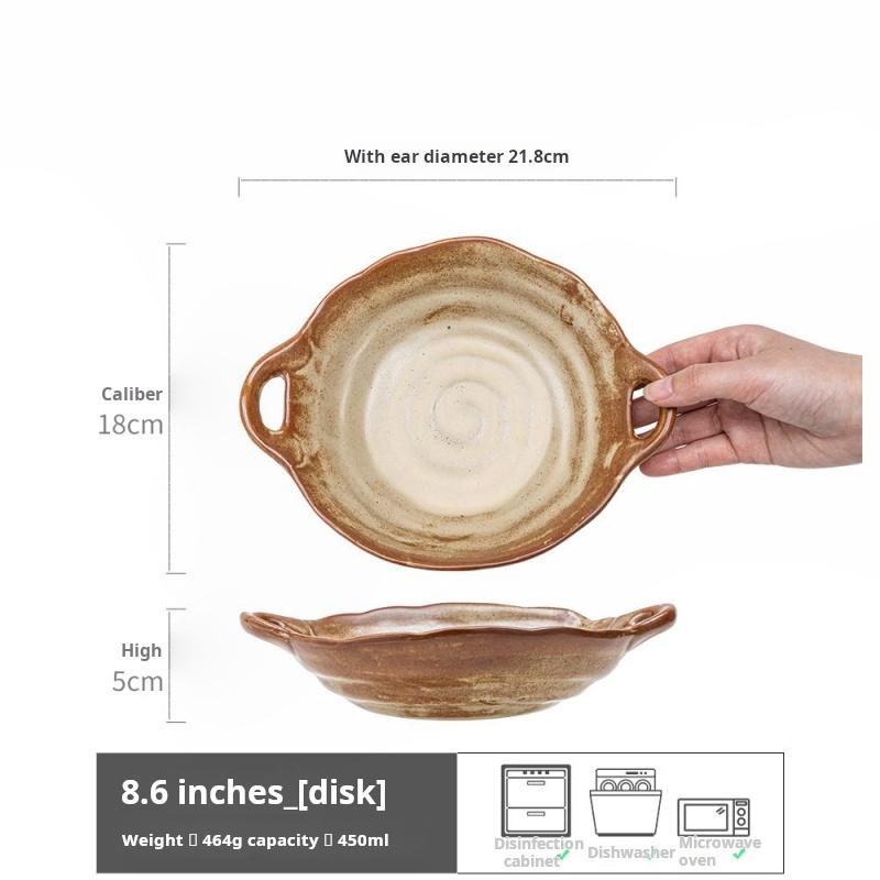 Тарелка из грубой керамики, японская ретро керамическая тарелка с двойными ручками, тарелка для салата, бытовая тарелка для фруктов ручной работы, салатник