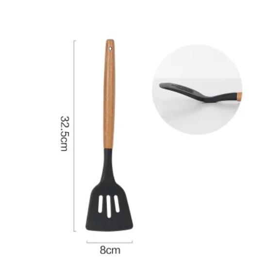 Силиконовая лопатка, ложка, половник, лопатка с прорезями, лопатка для пасты, антипригарное покрытие, кухонная утварь, силиконовые инструменты для приготовления пищи с деревянной ручкой