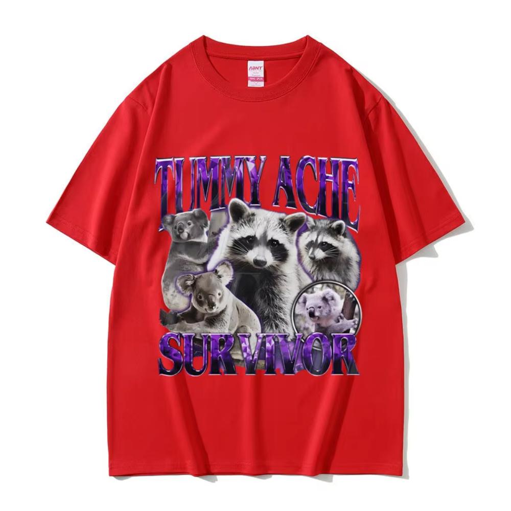 Tummy Ache Survivor Vintage Raccoon Funny Meme T-shirts Men's Women Casual Cotton Oversized Streetwear Male Vintage Short Sleeve