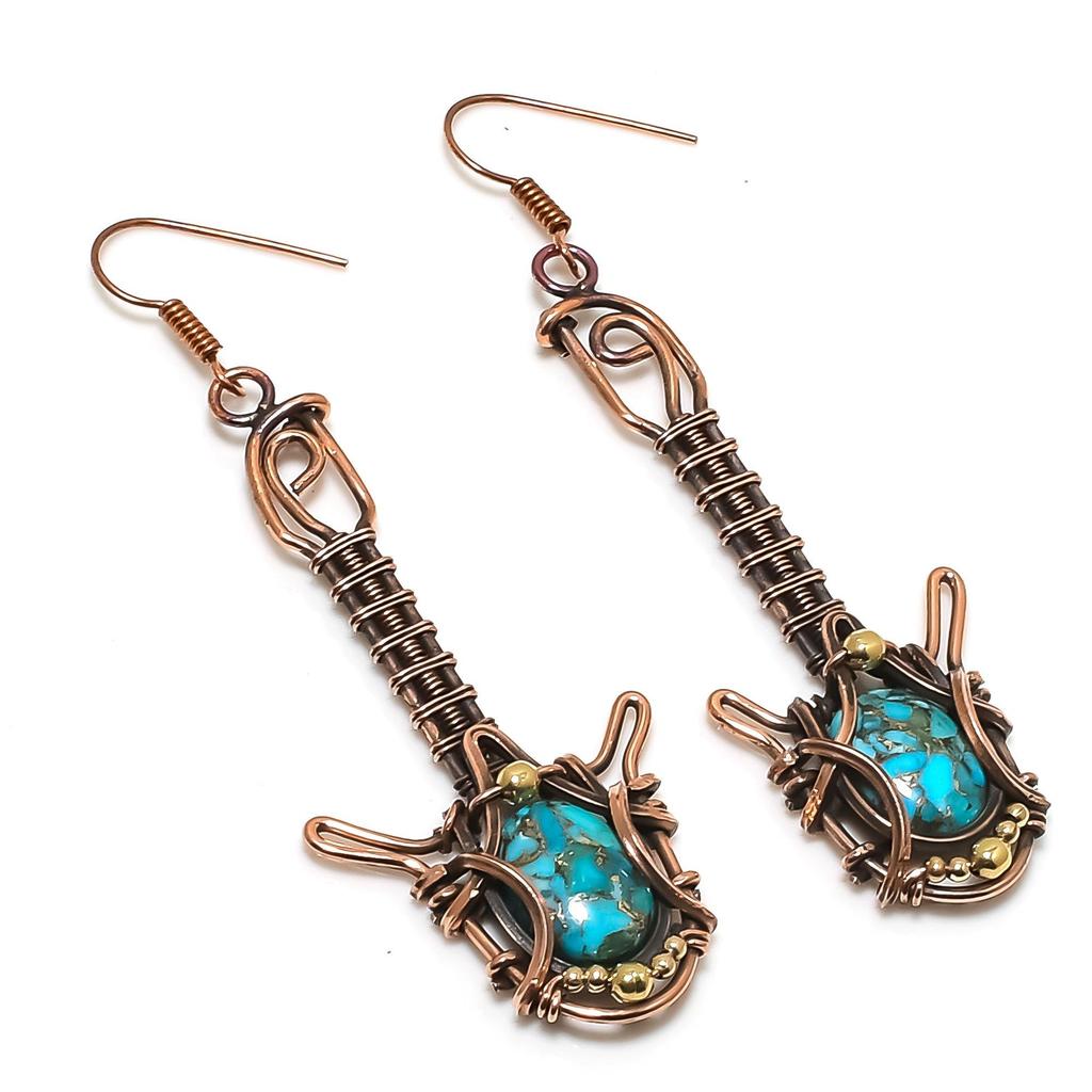 Серьги из голубой медной бирюзы ручной работы, обернутые медной проволокой 999 пробы, антикварные украшения, для подарка на помолвку