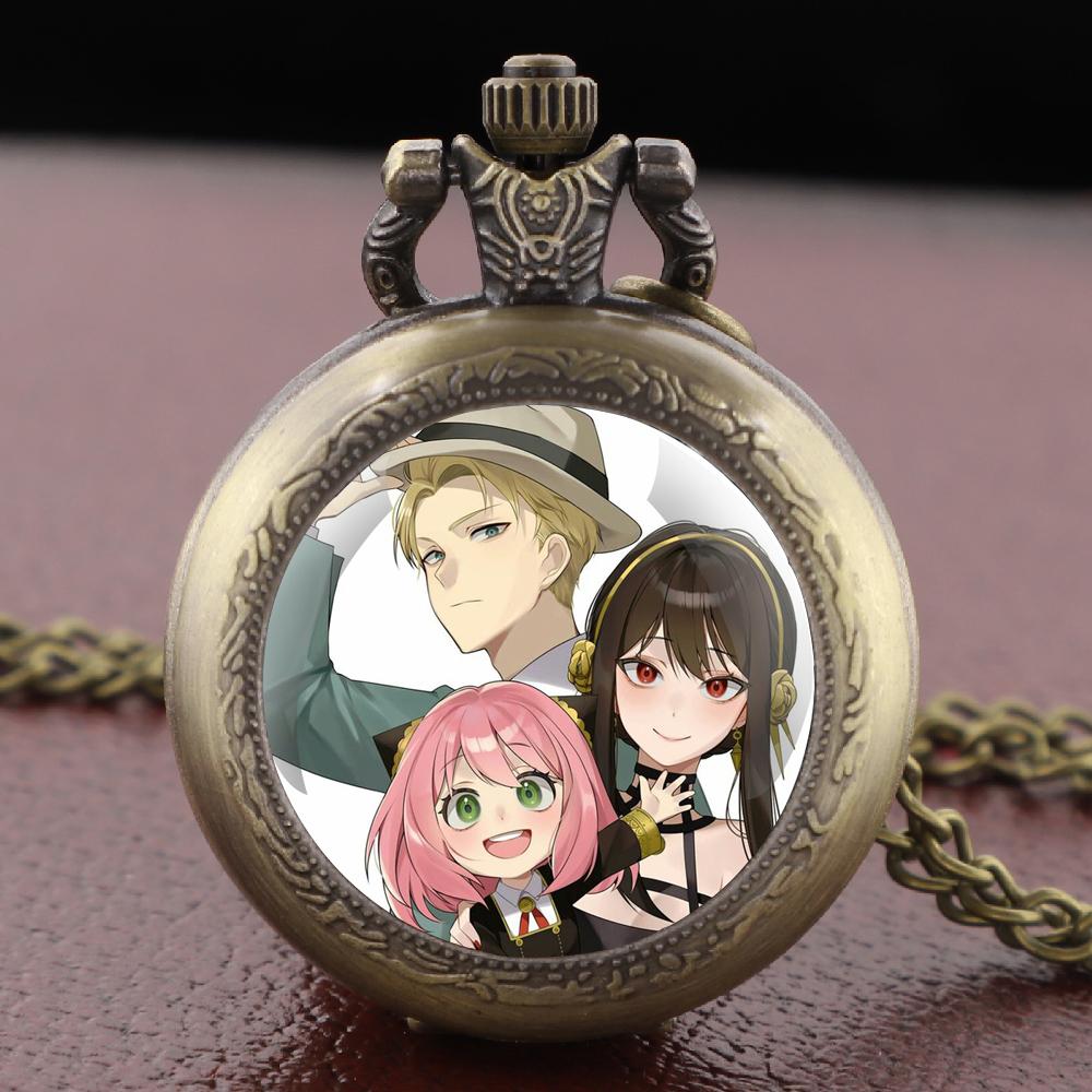 Spy X Family Anime Glass Dome Quartz Pocket Watch Arabic Dial Vintage Pendant Necklace Chain Gifts for Men Women Girls Boys