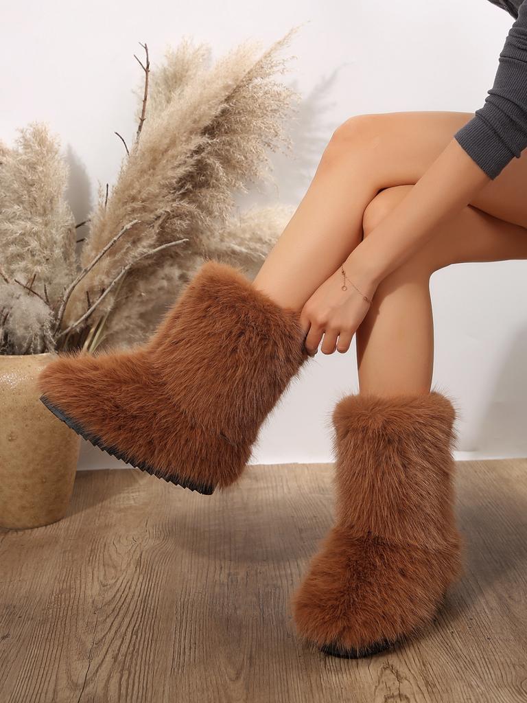 2024 женские зимние сапоги для отдыха на природе из искусственного меха лисы, плюшевые теплые хлопковые туфли на плоской подошве, модные теплые сапоги для девочек большого размера с мехом