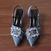 Fashion Women High Heeled Sandals Fashion Denim Rhinestone Glitter Slingback Woman Pumps Pointed Toe High Heels Elegant Woman Shoes