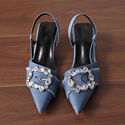 Модные женские босоножки на высоком каблуке, модные джинсовые туфли-лодочки с блестками из страз, с ремешком на пятке, с острым носком, элегантная женская обувь