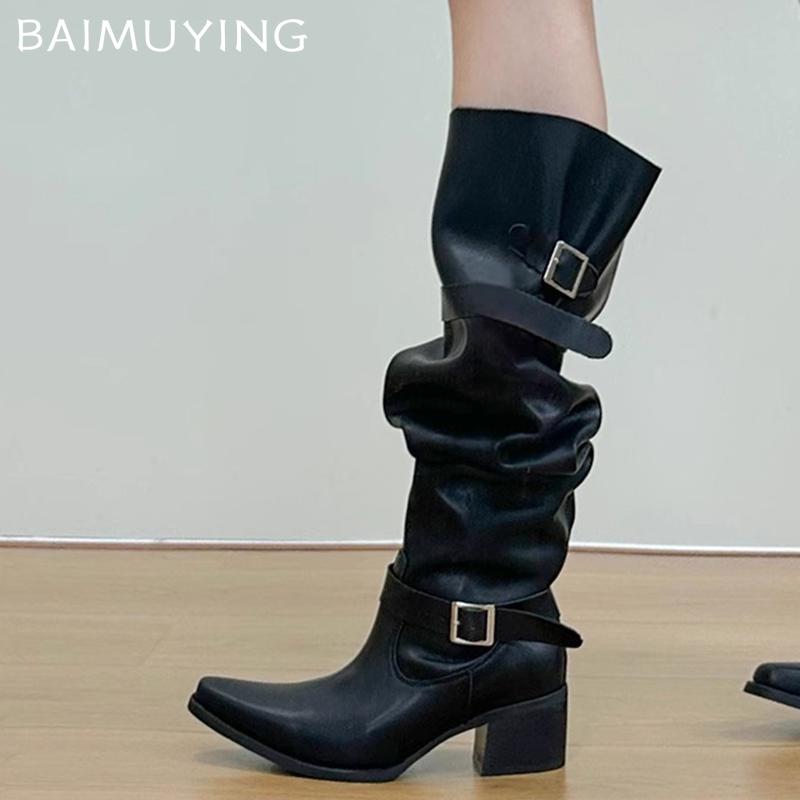 Острый носок грубые женские высокие сапоги на среднем каблуке кожаные модные сексуальные зимние туфли 2025 трендовые готические туфли-лодочки до колена Botas De Mujer