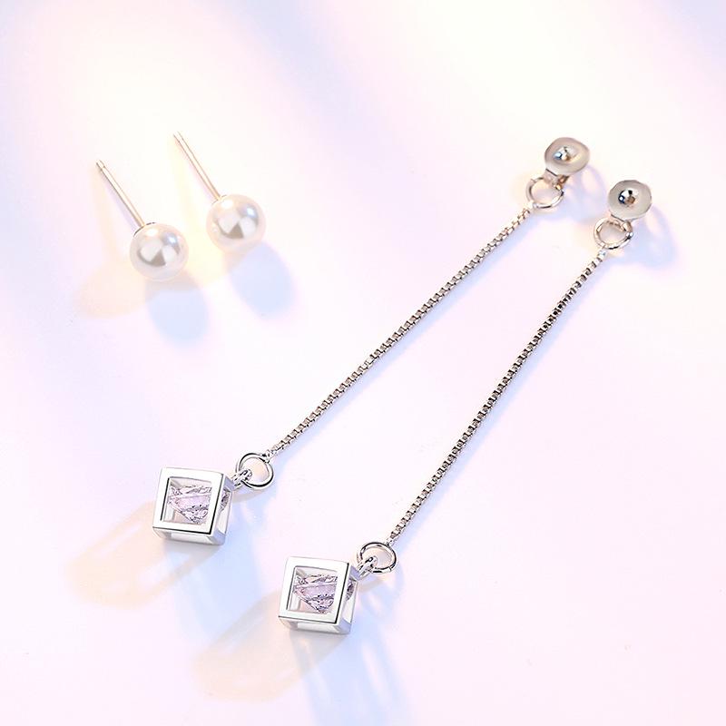 925 Sterling Silver Temperament Fashion Square Pearl Zircon Earrings Birthday Party Anniversary Gift