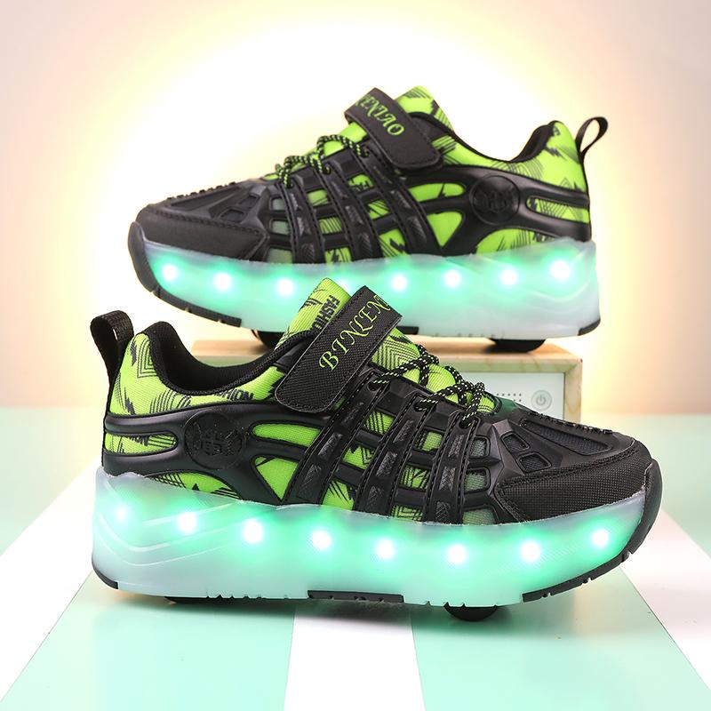 Четырехколесные роликовые коньки, детская спортивная обувь с выдвижными автоматическими колесами, зарядка через USB, светодиодная спортивная обувь