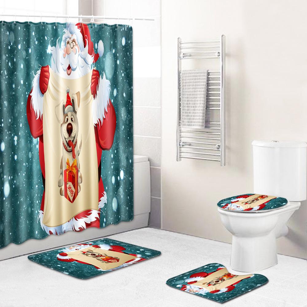 Christmas Waterproof Shower Curtain Four-Piece Combination Floor Mat Entrance Door Mat Bedroom Living Room Carpet
