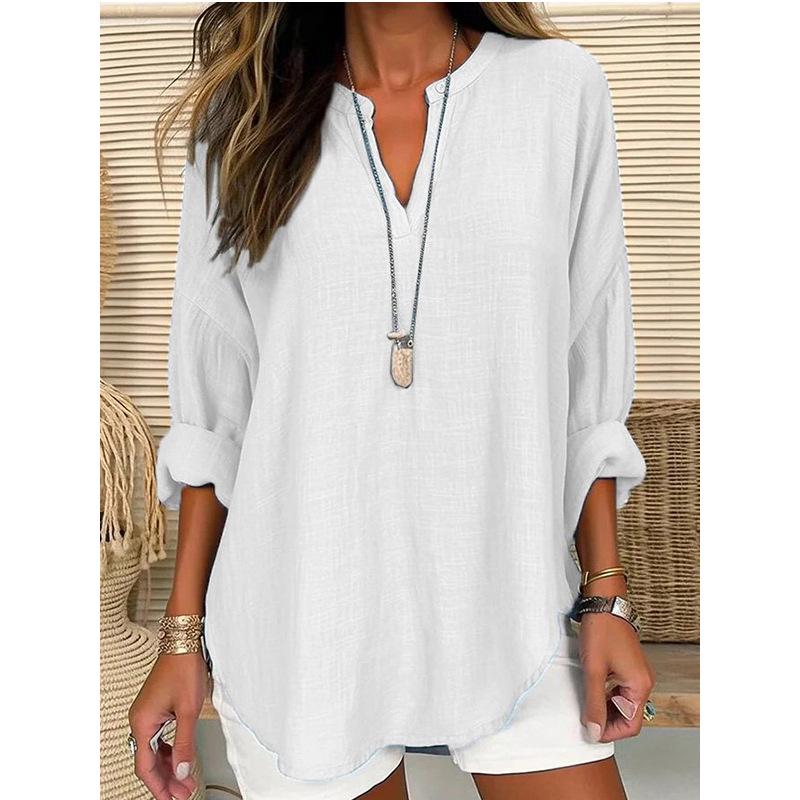 2023 Women's Autumn/Winter V-Neck Cotton Linen Plus Size Shirt - European & American Style