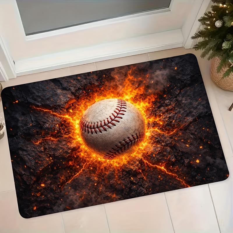 1pc Flannel Floor Mat with 3D Baseball Flame Lava Pattern, Entrance Doormat for Bedroom and Bathroom, Non-Slip and Absorbent Home Entryway Foot Mat