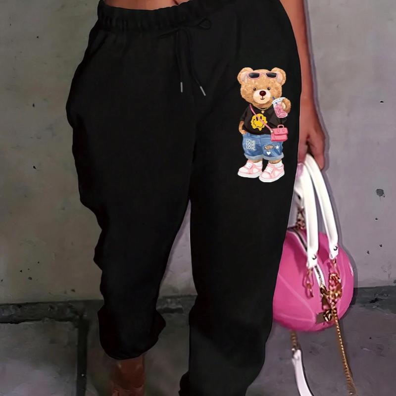 Carton Pattern Bear Printing Casual Basic Women Britches, Loose Fashion Trousers With Drawstring Pockets Sweatpants Female New