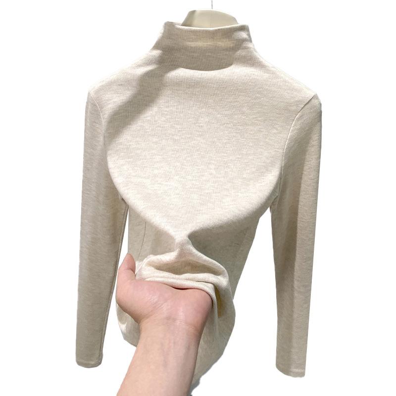 Футболка-основа с полувысоким воротом, женская осенне-зимняя теплая футболка с длинным рукавом, облегающий однотонный универсальный топ со средним воротом