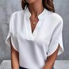 Solid Color Notch Neck Blouse, Casual Short Split Sleeve Blouse For Spring & Summer, Women's Clothing