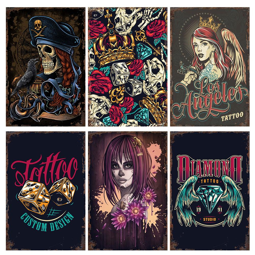 Студия винтажной татуировки, металлическая жестяная вывеска, красивая девушка, металлическая табличка, татуировка красивая девушка, ретро-декор стен, декор комнаты, WY36