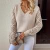 Fashion Long Sleeved V-neck Hollow Out Pullover Sweater Women Lace Loose Casual Top Solid Color Knitted Ladies Sweaters Autumn Winter Office Clothing