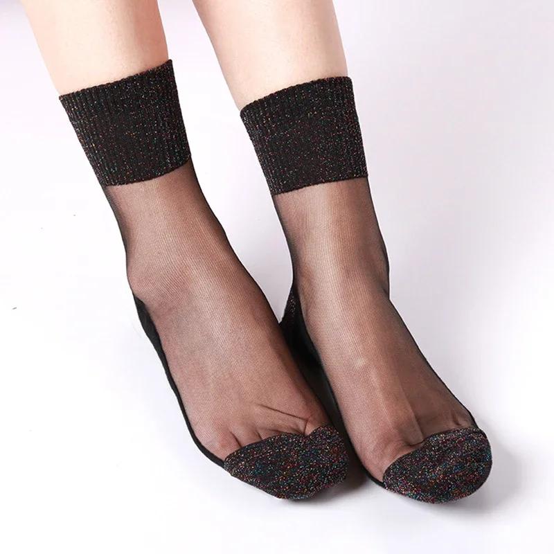 Women Summer Fashion Ultrathin Transparent Socks Glitter Crystal Glass Silk Socks Beautiful Lace Shiny Elastic Short Socks