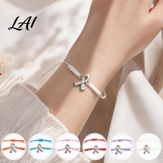 Flexible Knot String Bracelet 2PCS Hand-woven Braided Bracelets with Metal Ribbon Pendant Adjustable Cord Awareness Commemorative Gift for