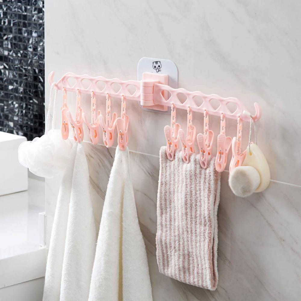 Bathroom 10 Clips Foldable Clothes Rack Hanger Laundry Folding Wall Underware Clothespin Mount Drying Holder for Bra Socks