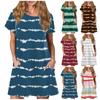 Женские платья с круглым вырезом и коротким рукавом, повседневные свободные летние платья в полоску с принтом, пляжные