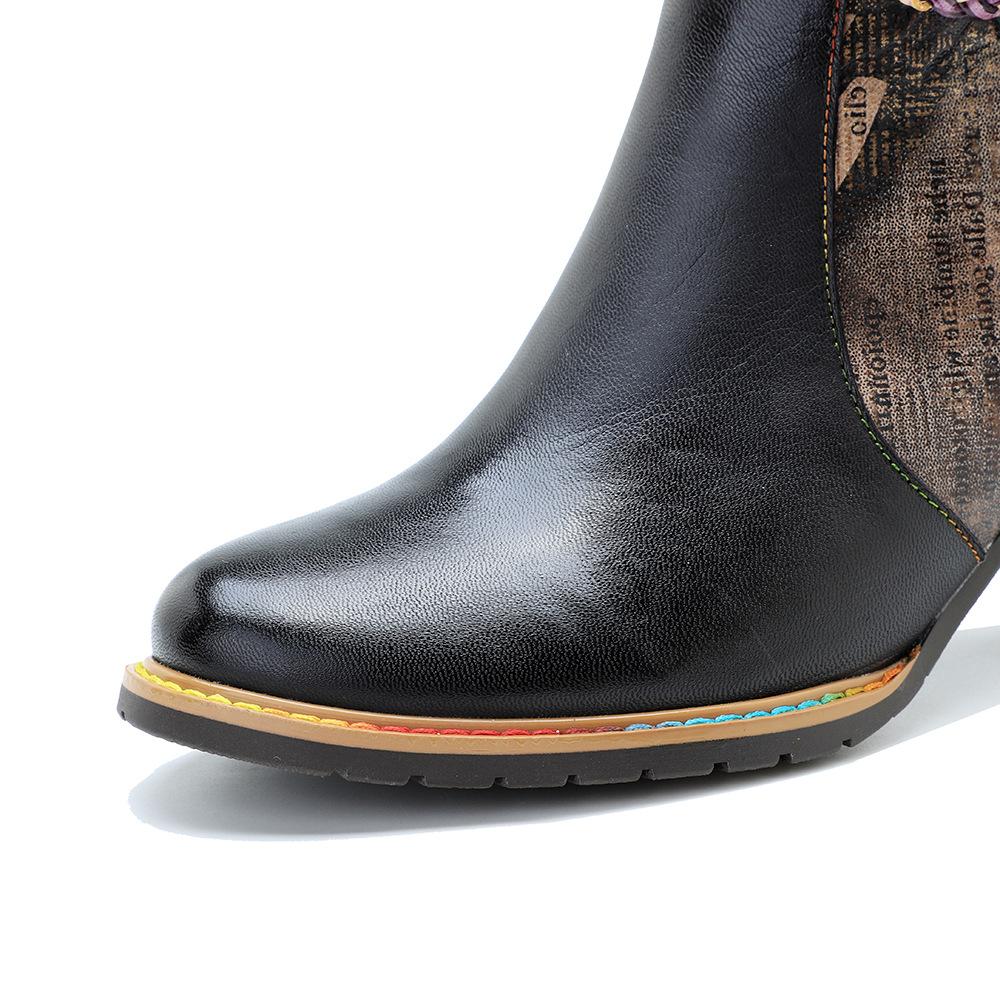 Johnature Женские короткие сапоги из натуральной кожи, тканый ремень с пряжкой в ​​стиле ретро, ​​модная женская обувь на высоком каблуке