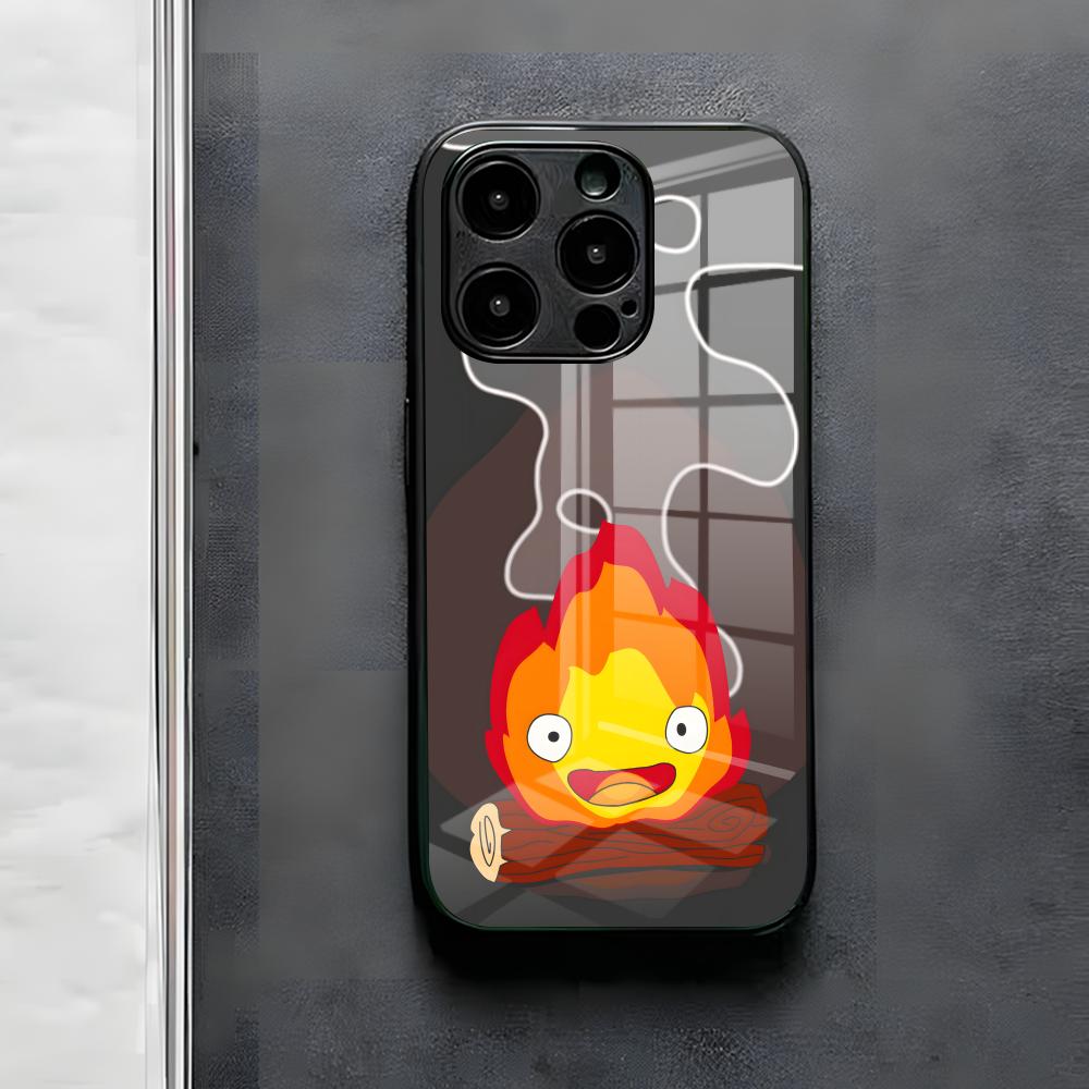 Аниме Милый Чехол-Кальцифер для Телефона For IPhone 17 Air 16 E Pro Max 15 14 13 Mini 12 Pro 11 Max Plus Черная Стеклянная Крышка