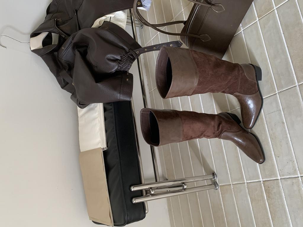 Retro style new suede splicing western knight boots women's square head thick heel but knee boots