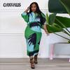 Women's Plus Size Autumn V-Neck Bat Sleeve Printed Dress