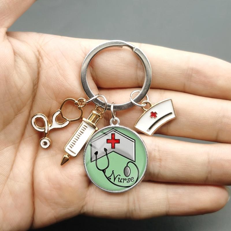 Paint Fashion Creative Nurse Medical Syringe Stethoscope Image Keychain Glass Suitable Nurses and Doctors Key Ring Pendant Gift