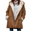 Winter Women Warm Jacket Women Fuzzy Jacket Fleece Lined Hooded Long Sleeved Cow Horn Buttons Medium Length Overcoat Windproof Furry Outerwear